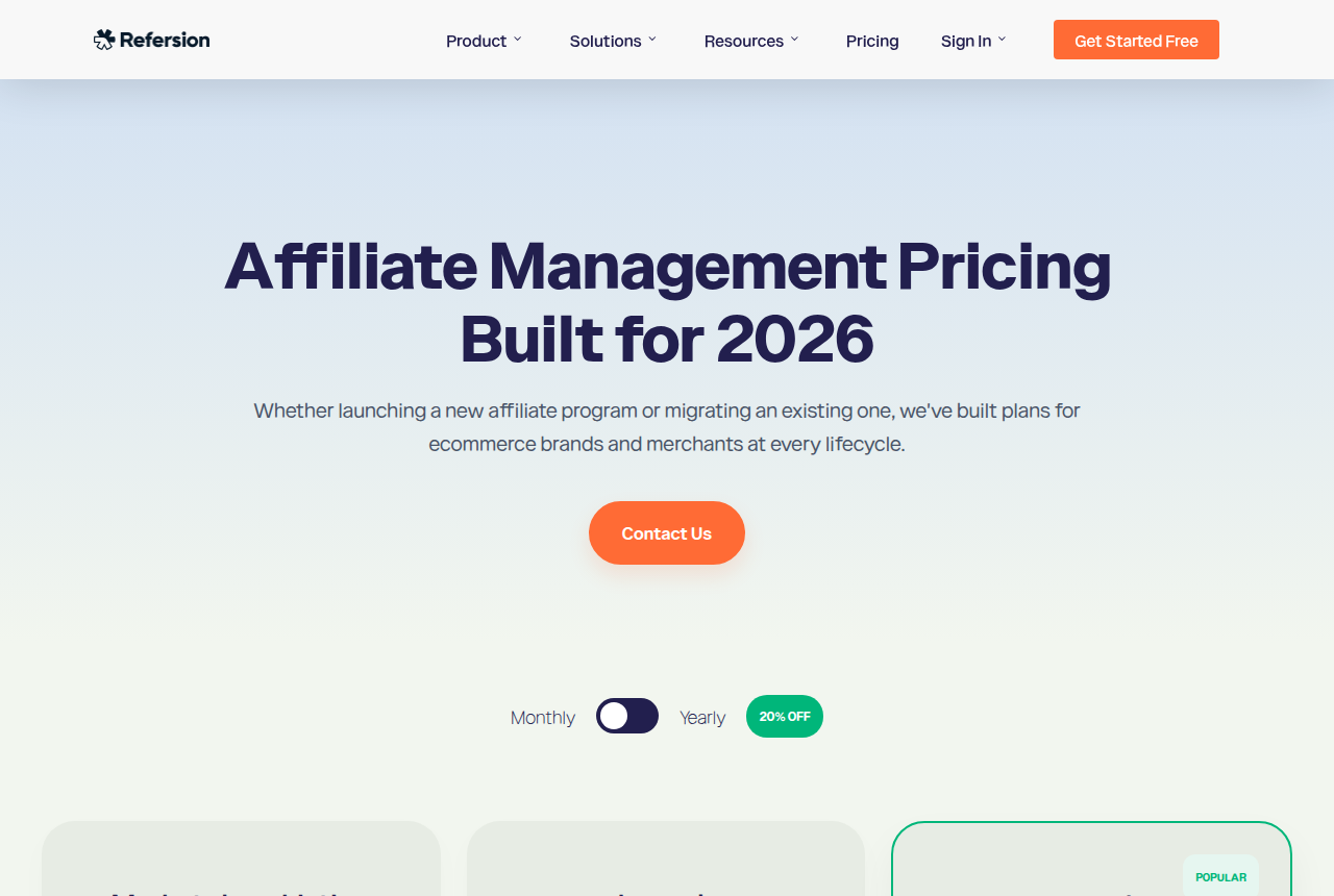 Refersion pricing page headed Affiliate Management Pricing Built for 2026, with a monthly and yearly toggle offering 20 percent off, aimed at ecommerce brands and merchants.