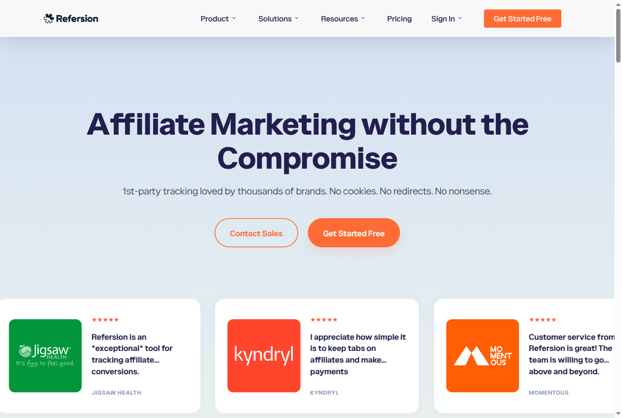 Refersion home page: affiliate tracking and attribution designed for ecommerce brands and merchants.