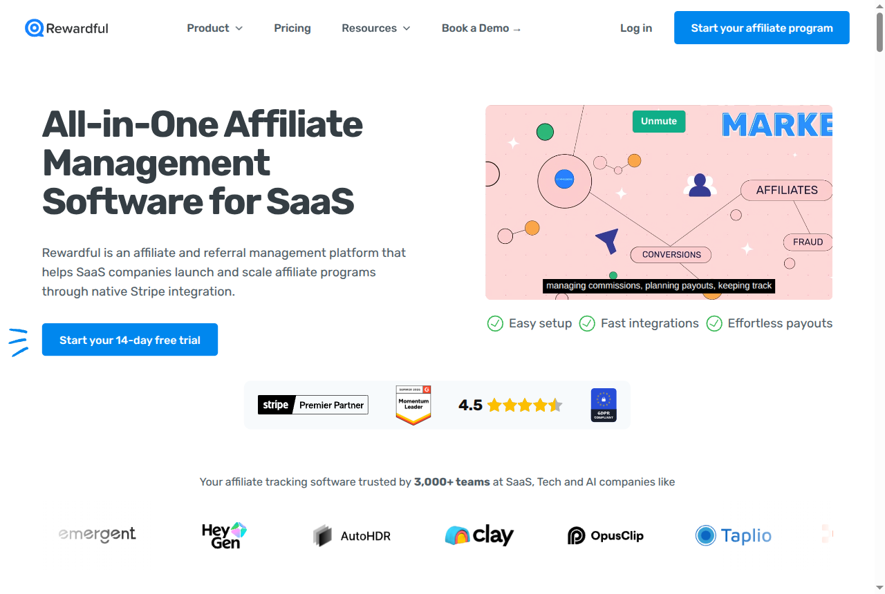 Rewardful home page: affiliate and referral software built on Stripe and Paddle billing.