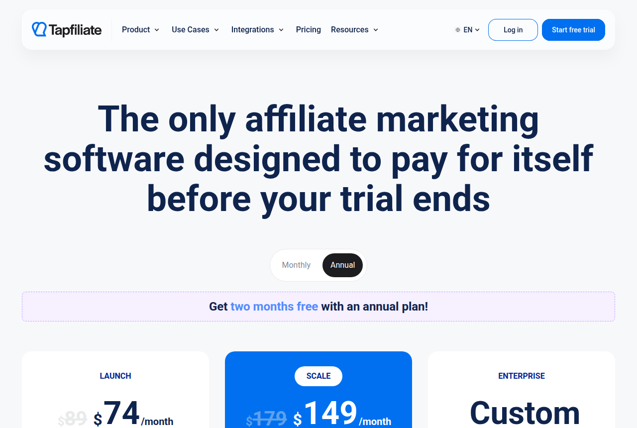 Tapfiliate pricing page with a monthly and annual toggle, Launch and Scale plans, and the line that annual billing gives two months free.