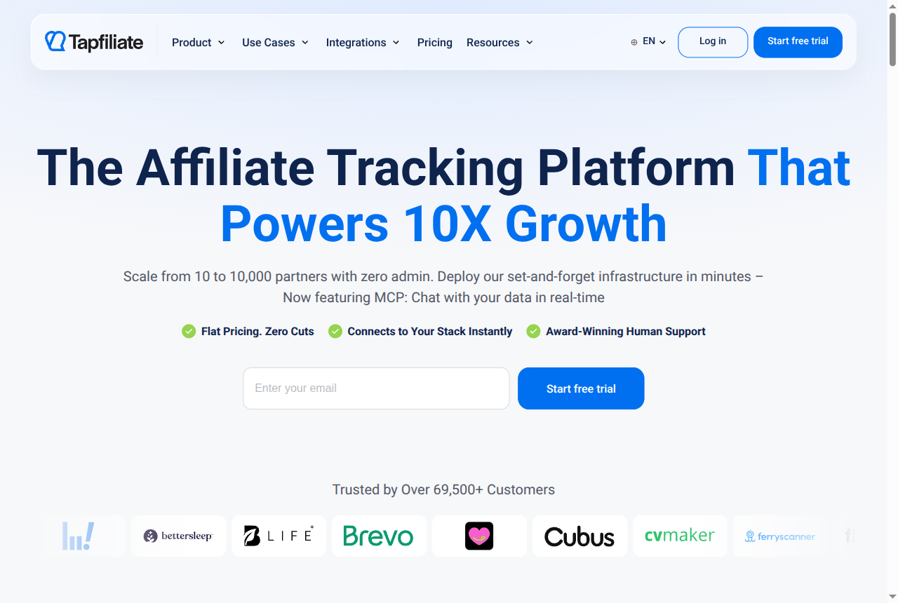 Tapfiliate home page: affiliate marketing software with integrations, an API and postback tracking.