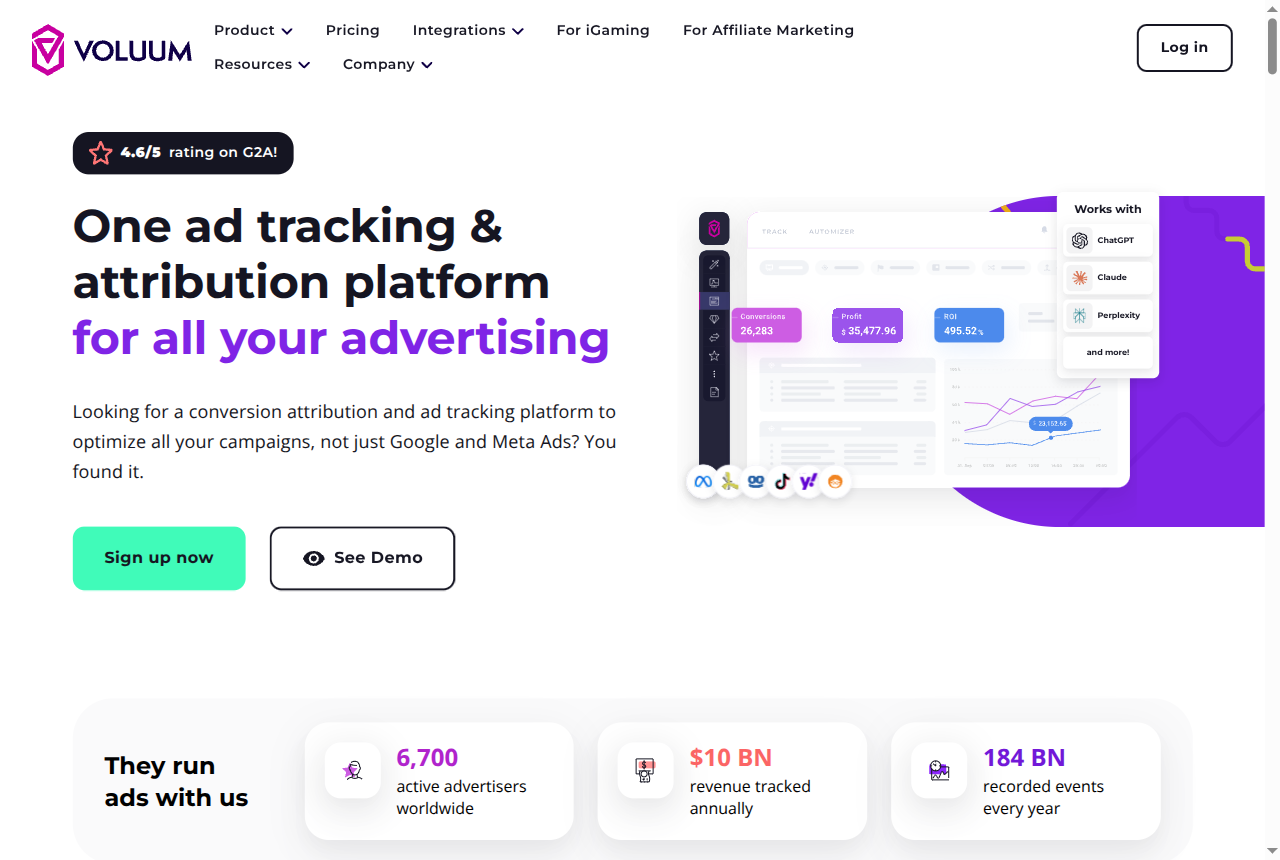 Voluum home page describing an ad tracker for media buyers with campaign optimization and anti-fraud.